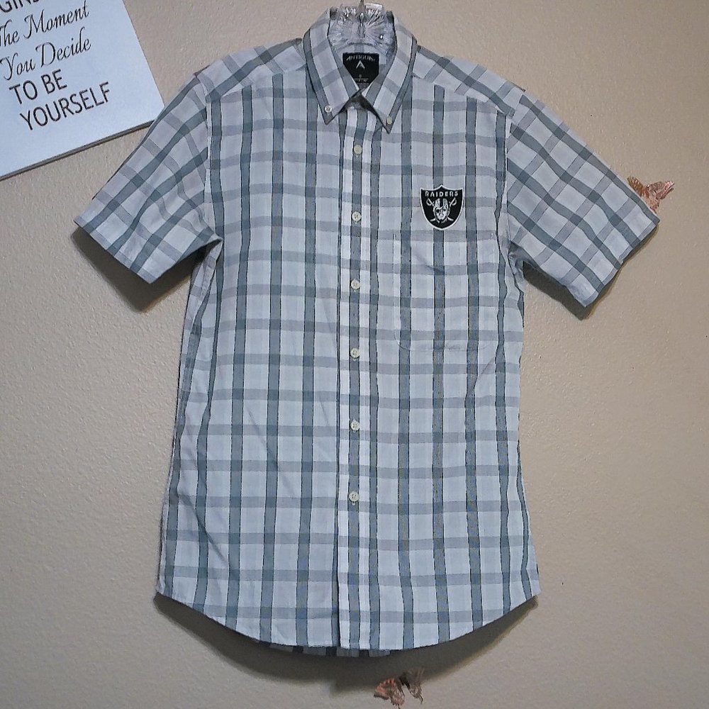 Raiders Button Up Plaid Short Sleeve Shirt SZ S by Antigua for Women or Men